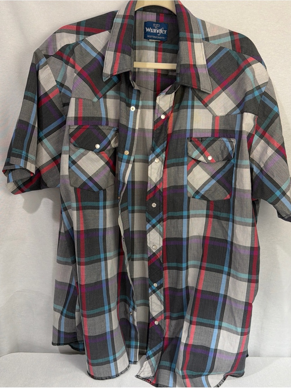 Wrangler Men’s Short Sleeve Plaid Shirt - Gray with Blue & Red Accents